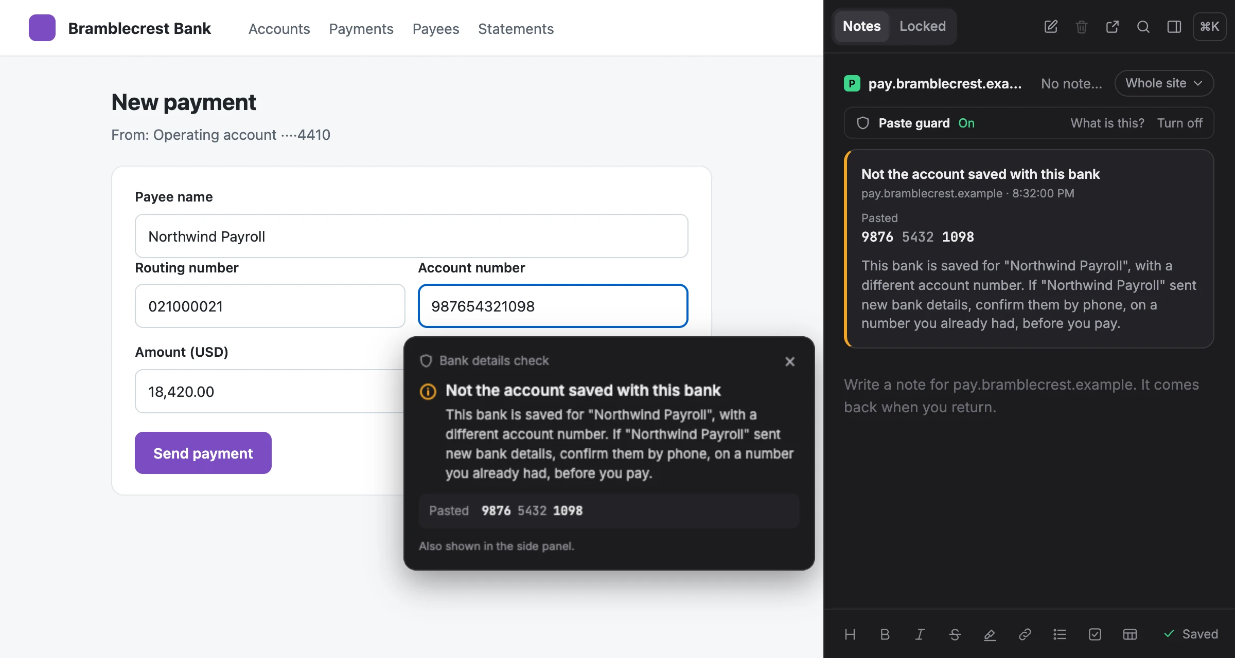 A made-up bank's payment page with a saved routing number and an account never saved. Noteproof's amber card says the account isn't one saved with that bank, and to confirm changed bank details by phone.