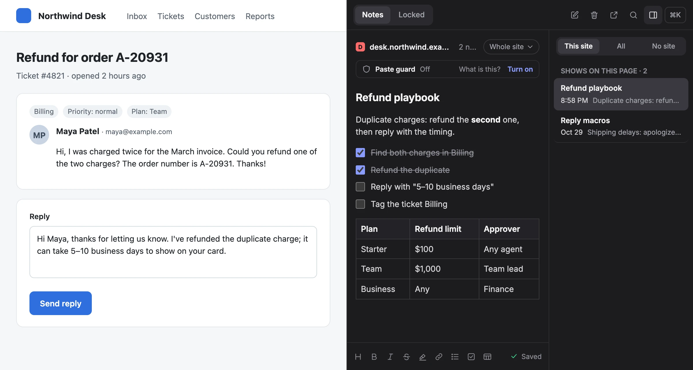 A made-up support desk with Noteproof's side panel beside it: the site's note “Refund playbook” with a checklist and a table, and the list of this site's notes.