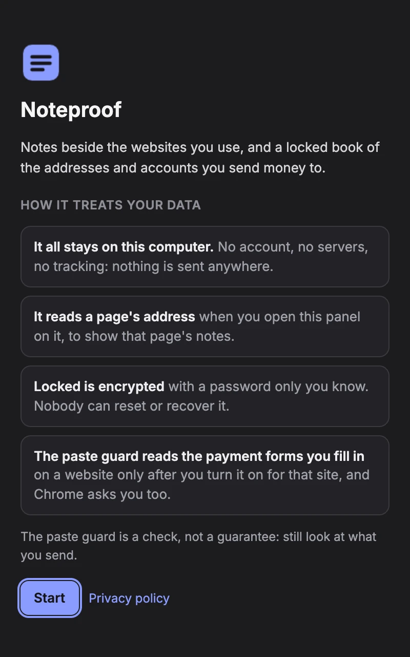 Noteproof's welcome screen, before anything else: how it treats your data, in four short boxes, with Start and Privacy policy.